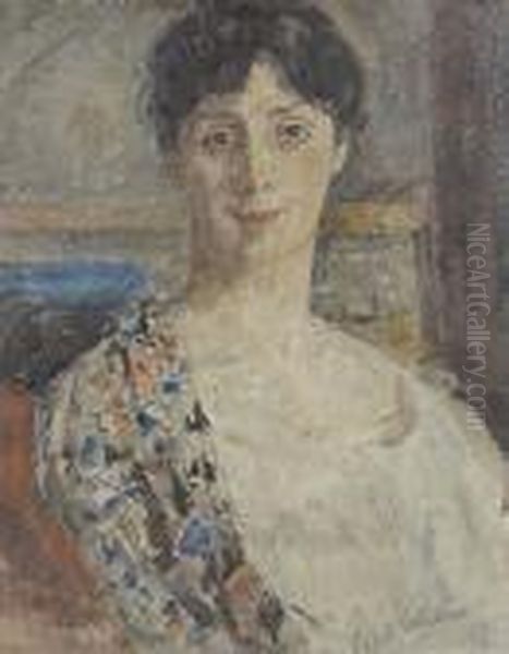 Portrait Of A Lady With A Floral Shawl by Ethel, Dame Walker