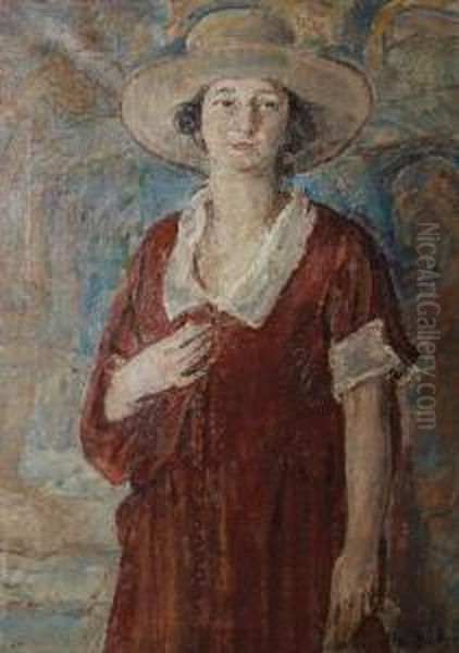 Portrait Of A Woman In A Red Dress Andhat Oil Painting by Ethel, Dame Walker