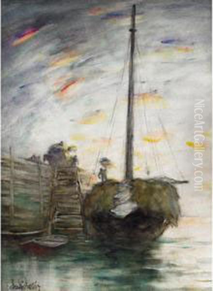 Unloading Hay Boat, Sunrise Oil Painting by Horatio Walker