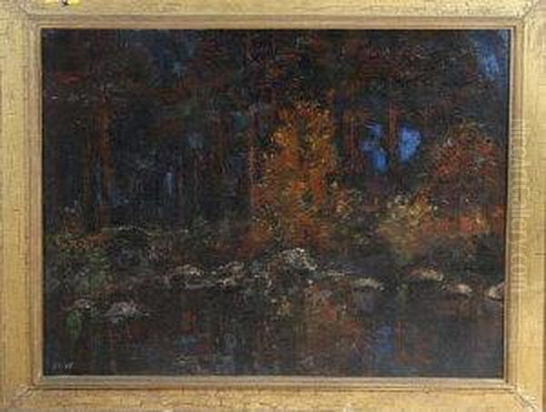 A Woodland Pool In Autumn Oil Painting by John Crampton Walker