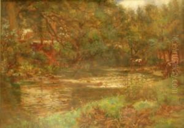 Cattle Grazing By The Riverside Oil Painting by John Doddy Walker