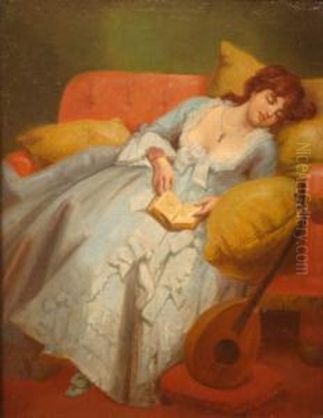 'in Dreamland' - A Young Lady Wearing A Pale Blue Dress Asleep On Asofa, Holding An Open Book In Her Lap And A Lute Resting Besideher Oil Painting by John Eaton Walker