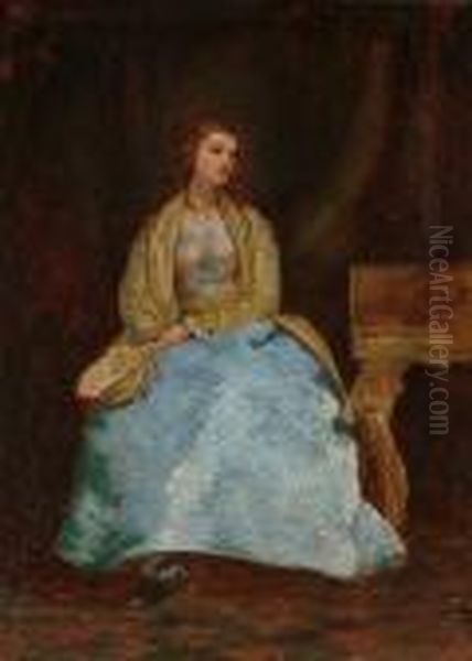 A Lady Wearing A Blue And Yellow Dress, Holding A Fan Oil Painting by John Eaton Walker