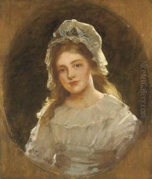 Portrait Of A Girl, Possibly The Artist's Daughter Dorothy, Half-length, Wearing A White Dress And Bonnet, And A Blue Sash Oil Painting by John Hanson Walker