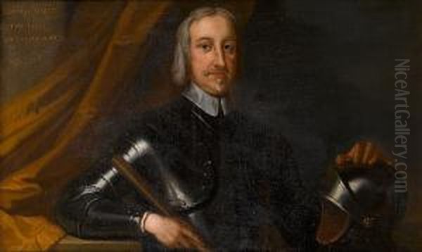 Portrait Of A Gentleman, Said To Be Conyers D'arcy, The First Earl Of Holderness, Half-length, In Armour, Holding A Baton And His Hand Resting On A Helmet, Standing Before A Curtain Oil Painting by Robert Walker