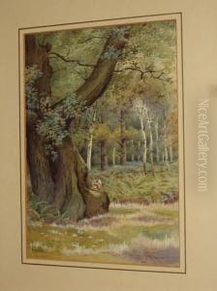 Woodland With Squirrel Seated By A Tree Oil Painting by Robert Hollands Walker