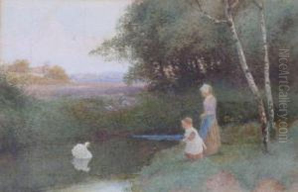 Children On The Riverbank With Swan Oil Painting by Robert Hollands Walker