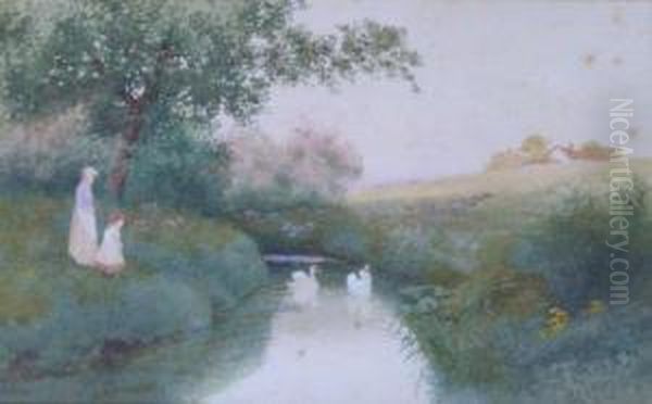 Swans On The Leam, Warwickshire 
 By The Avon, Warwickshire Oil Painting by Robert Hollands Walker