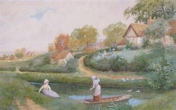 Women Punting On A River Oil Painting by Robert Hollands Walker