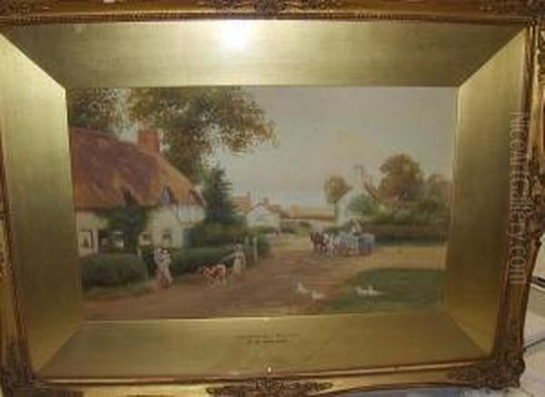 Figures And Livestock By Thatched Cottages At Princethorp, Warwick Oil Painting by Robert Hollands Walker