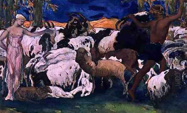 Daphnis and Chloe Bidding Each other Goodnight, design for a decorative panel, from Daphnis and Chloe, c.1912 Oil Painting by Leon Samoilovitch Bakst