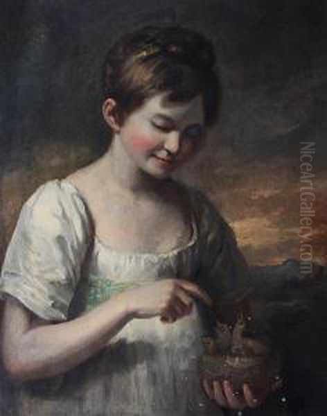 Young Girl, Possibly Jane, Third Daughter Ofthe Artist, With Nestlings Oil Painting by William Walker