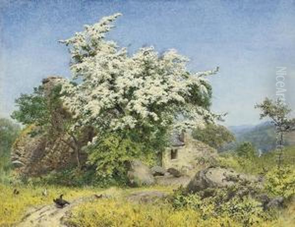 Springtime, A Ruined Cottage With A Tree In Blossom Oil Painting by William Eyre Walker