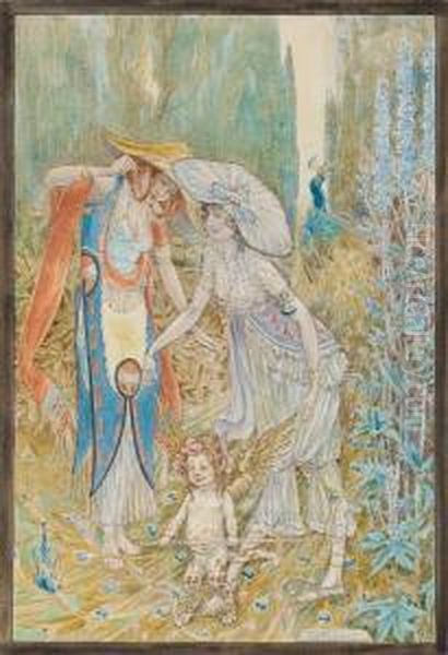 Fairy Figures In A Wood Oil Painting by William Henry Walker