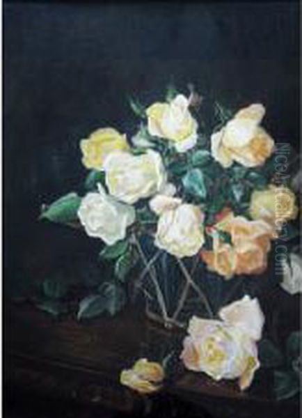 A Bowl Of Yellow Roses On A Shelf Oil Painting by Winifred Walker