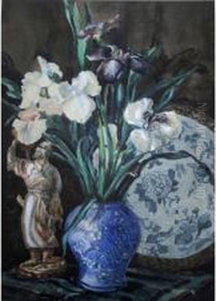 A Vase Of Irises With A Chinese Plate And Figurine Oil Painting by Winifred Walker