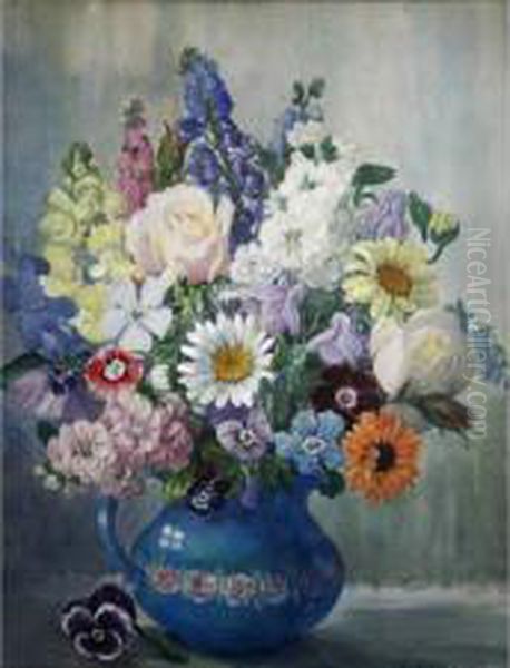 A Blue Jug Of Summer Flowers Oil Painting by Winifred Walker