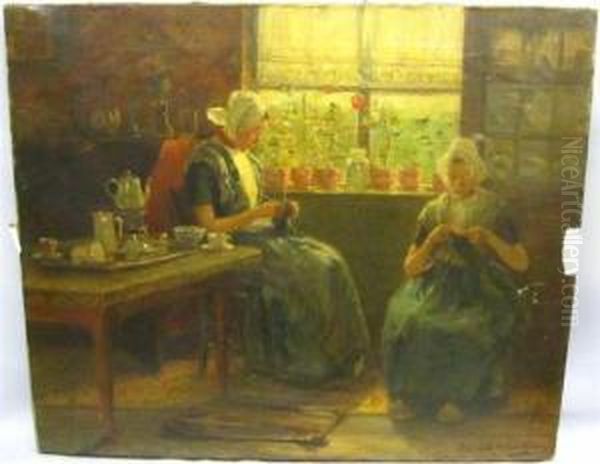 Dutch Genre Scene Withladies Knitting. Oil Painting by David Birdsey Walkley