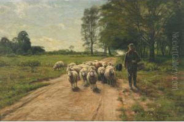 Farmer Leading His Flock On A Sunlit Lane Oil Painting by Alfred Bryan Wall