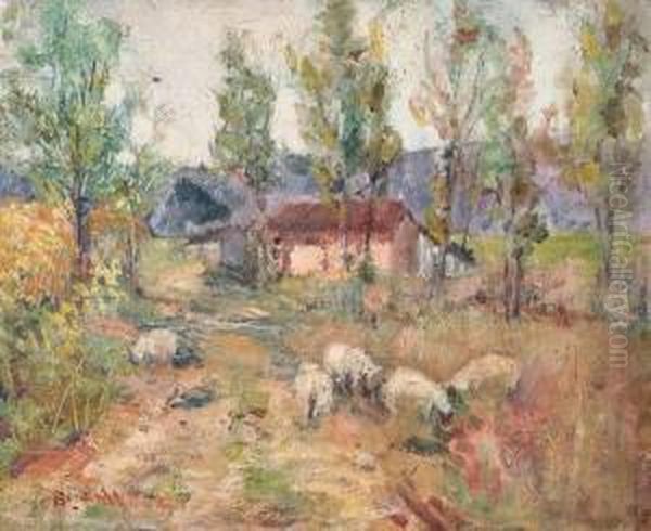 Sheep Grazing With Building In Background Oil Painting by Bryan A. Wall