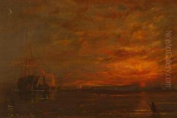 New Bedford Fish Pier At Sunset. Signed Lower Left W.a.w. Oil Painting by William Allen Wall