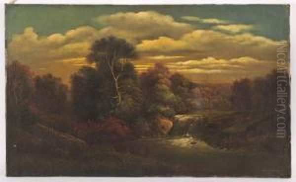 An Autumn Landscape With Waterfall Oil Painting by William Coventry Wall