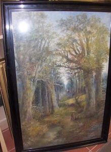 Figures By A Stream In A Forest, Signed Oil On Board Oil Painting by James Wallace