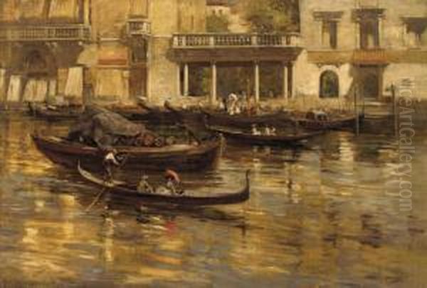 Gondoliers And Elegant Figures In Front Of The Hotel Milan,venice Oil Painting by James Wallace