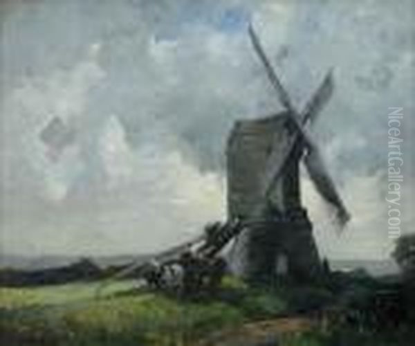 Cart By A Windmill At Sunset Oil Painting by James Wallace