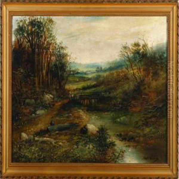 A Landscape With Figures Walking Along A River Oil Painting by James Wallace