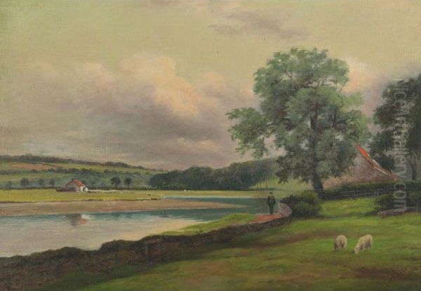 River Landscape With Wayfarer And Sheep Oil Painting by James Wallace