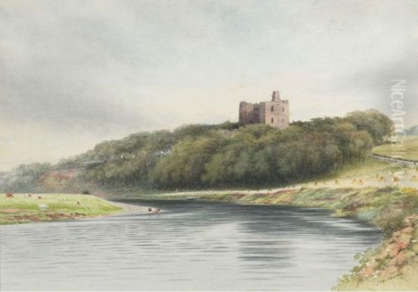 Sheep Grazing By A River; Hilltop With Castle Ruins Oil Painting by James Wallace