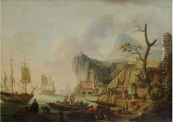 Harbour Scene With Figures At Work Oil Painting by Pierre Joseph Wallaert