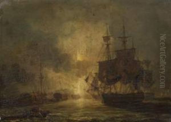 Voiliers Faisant Feu Dans Un Port Oil Painting by Pierre Joseph Wallaert