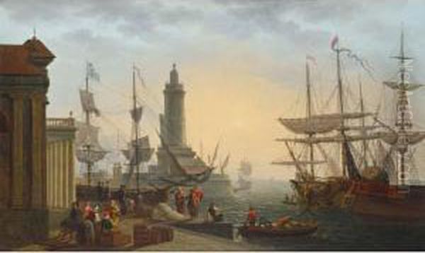 A Classical Harbour Scene With Figures On A Quay And Men Unloading Their Ware Oil Painting by Pierre Joseph Wallaert