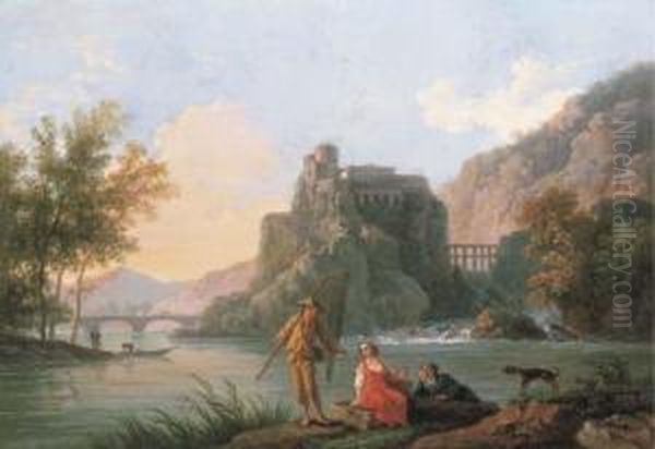 A River Landscape With Fishermen By The Bank Oil Painting by Pierre Joseph Wallaert