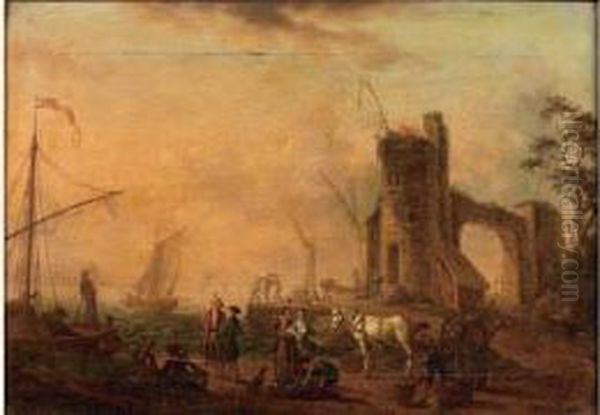 Scene De Port Oil Painting by Pierre Joseph Wallaert