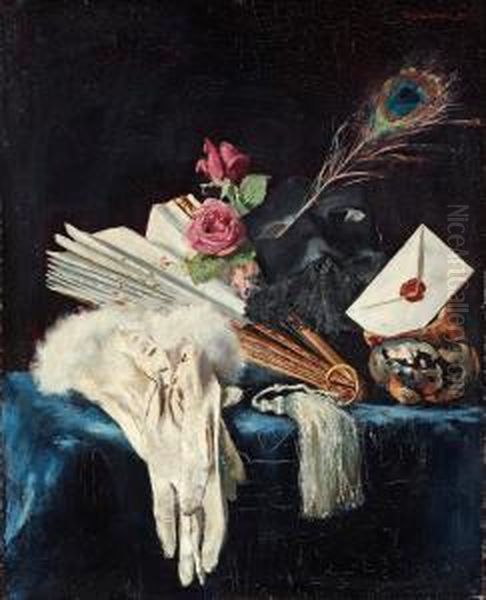 Stilllife With Fan, Roses And Peacock Feather Oil Painting by Alf, Alfred Wallander