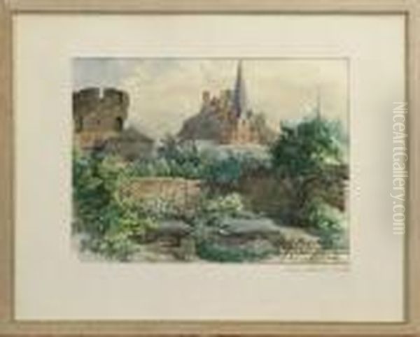 Tillskriven, Stadsbild Med Ringmur Och Ruin, Akvarell, 22x29;med Konstnarsintyg Oil Painting by Josef Wilhelm Wallander