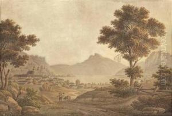 Kloster Mondsee Mit Umgebung Und Personenstaffage Oil Painting by Louis Wallee