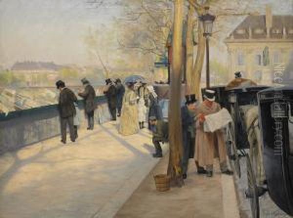 Sur Les Quais De La Seine - Tidningslasande Droskkuskar Oil Painting by Gustaf Theodor Wallen