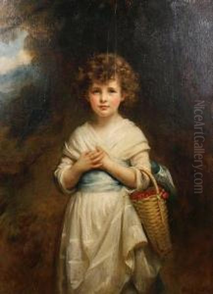 Portrait Of Moira Goff As A Child, Standing Ina Landscape Holding A Basket Of Cherries Oil Painting by Mary Lemon Waller