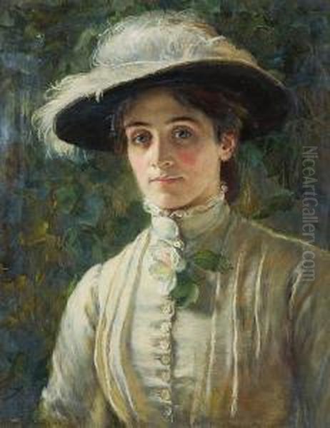 Portrait Of A Lady, Half Length, Wearingfeathered Hat Oil Painting by Mary Lemon Waller