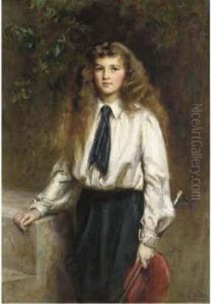 Portrait Of Molly, Daughter Of The Late Sir Arthur Pease, Bt., In Ariding Habit, Holding A Riding Crop Oil Painting by Mary Lemon Waller