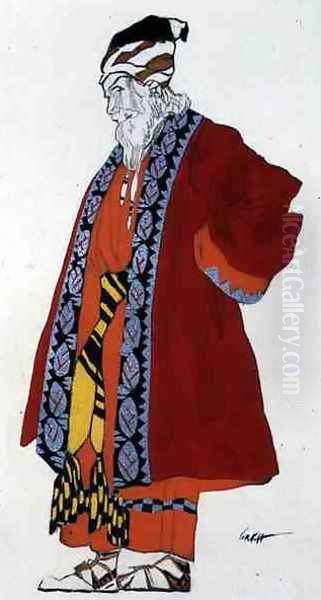 Costume design for an old man in a red coat Oil Painting by Leon Samoilovitch Bakst