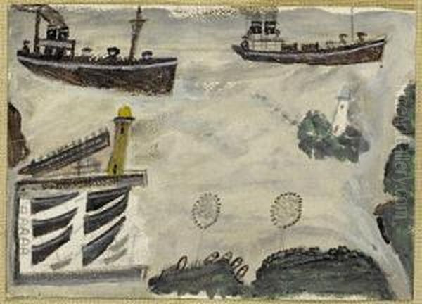 Steamers At Harbour Entrance Oil Painting by Alfred Wallis