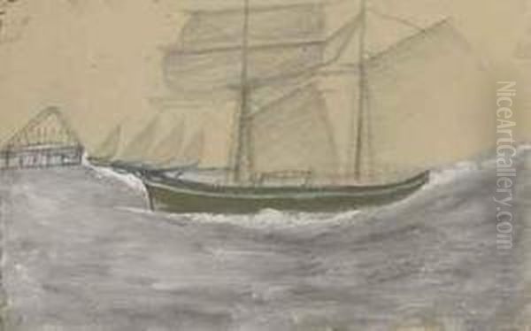 Green Sail Boat Oil Painting by Alfred Wallis