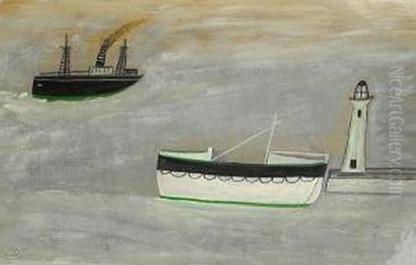 Steamer, Lifeboat And Lighthouse Oil Painting by Alfred Wallis