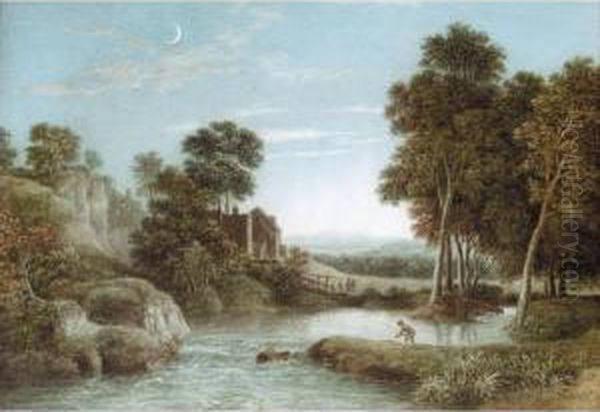 Figures On A Path Near A Ruined Castle; A Boy Fishing On A River; Figures Fishing On A River In A Wooded Landscape With A Castle Beyond; Cattle Watering In A River Oil Painting by Joshua Wallis