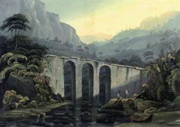 A Capriccio Landscape With Travellers Crossing A Viaduct Oil Painting by Thomas Walmsley